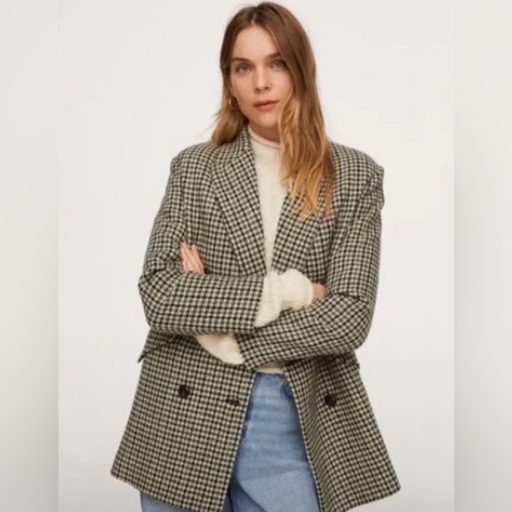MANGO Houndstooth Wool Blend Coat Oversized Size XS
